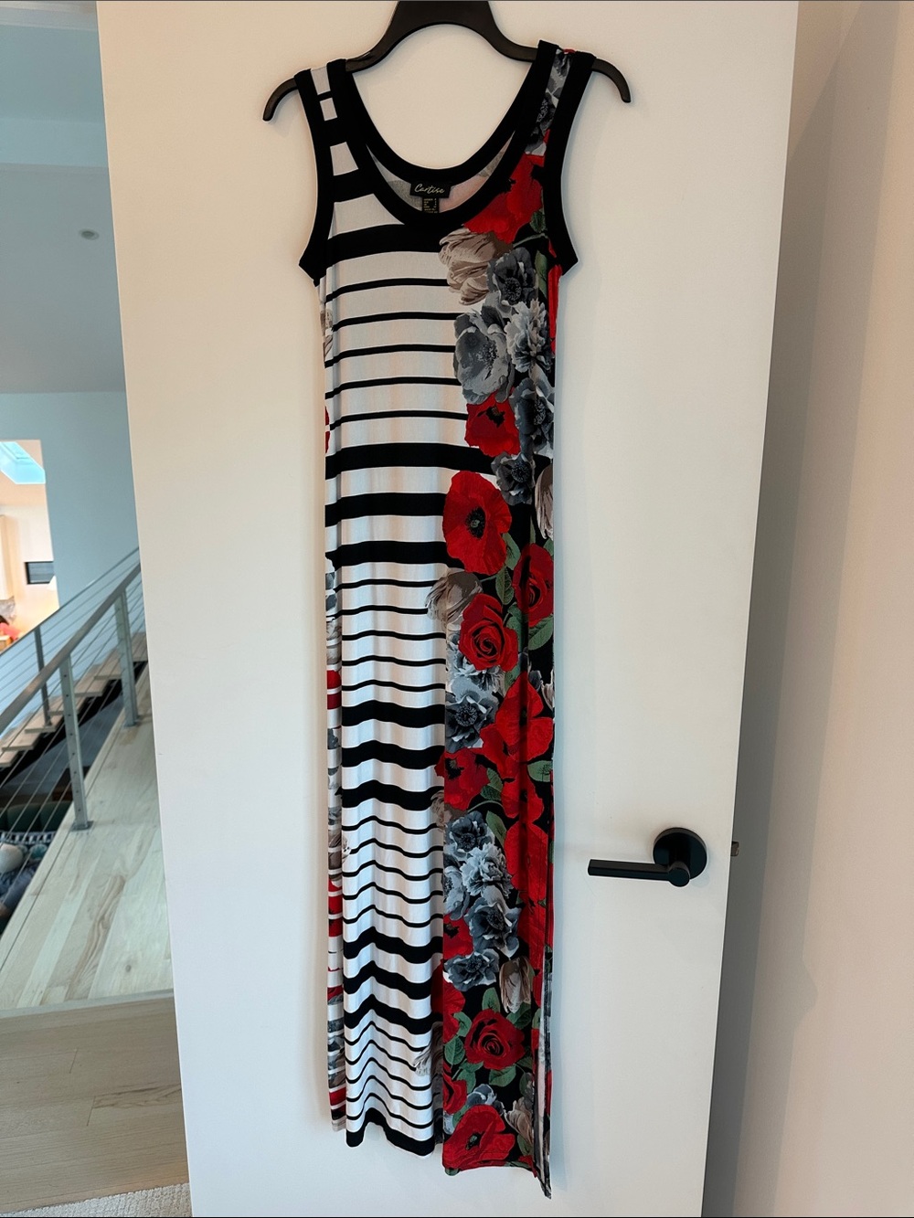 Black & White Striped Maxi Dress with Red Floral Side Panel Design